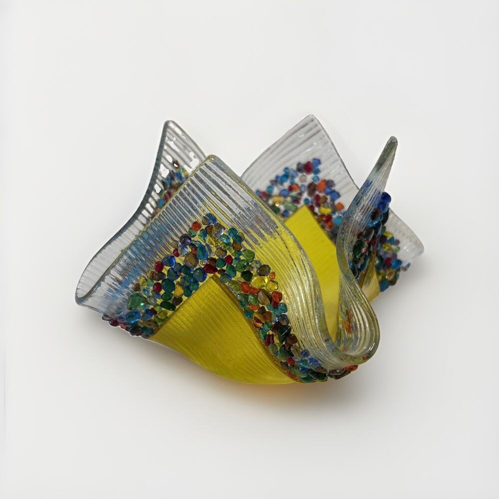 Fused Art Glass Candle Holder Dish Bowl Multicolor, 3.5” Tall Table Decor Boho